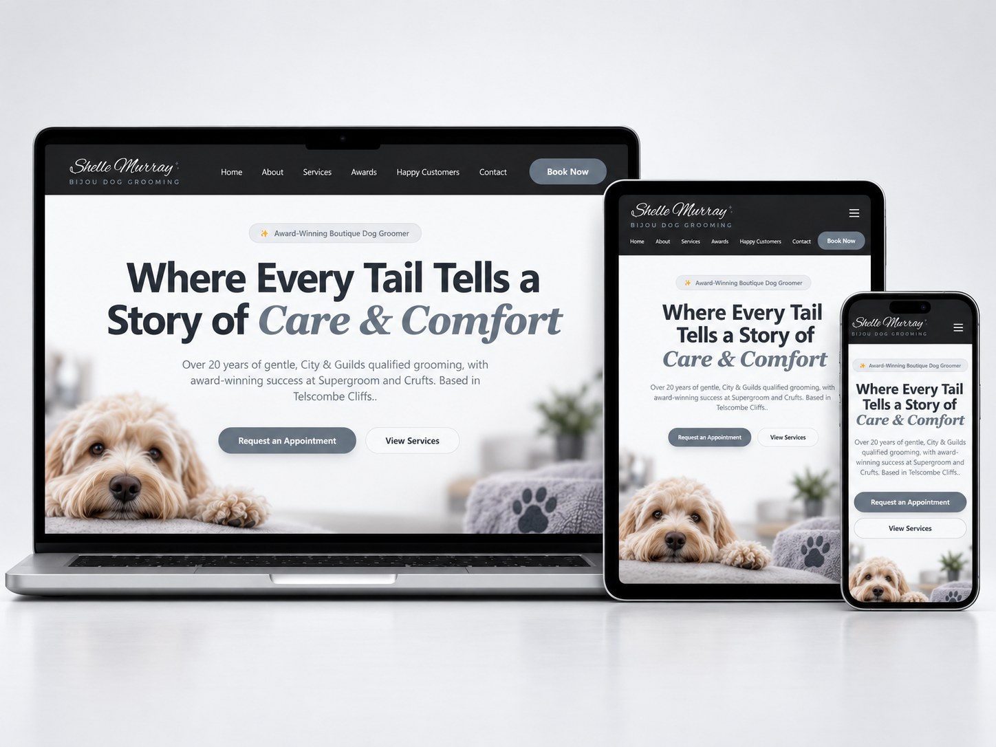 Bijou Dog Grooming online presence shown on laptop, tablet and phone