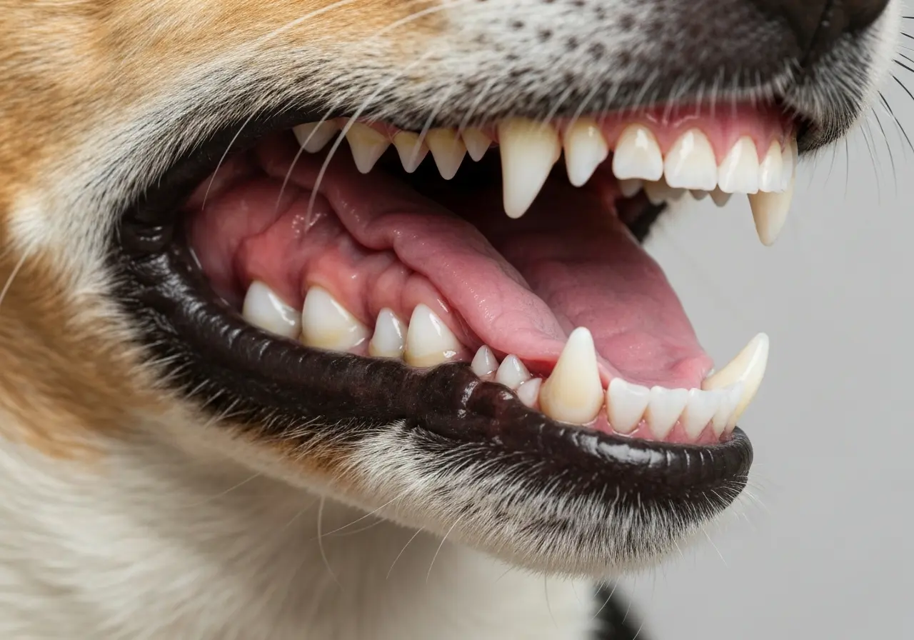 Denti del cane dopo il trattamento puliti e sani