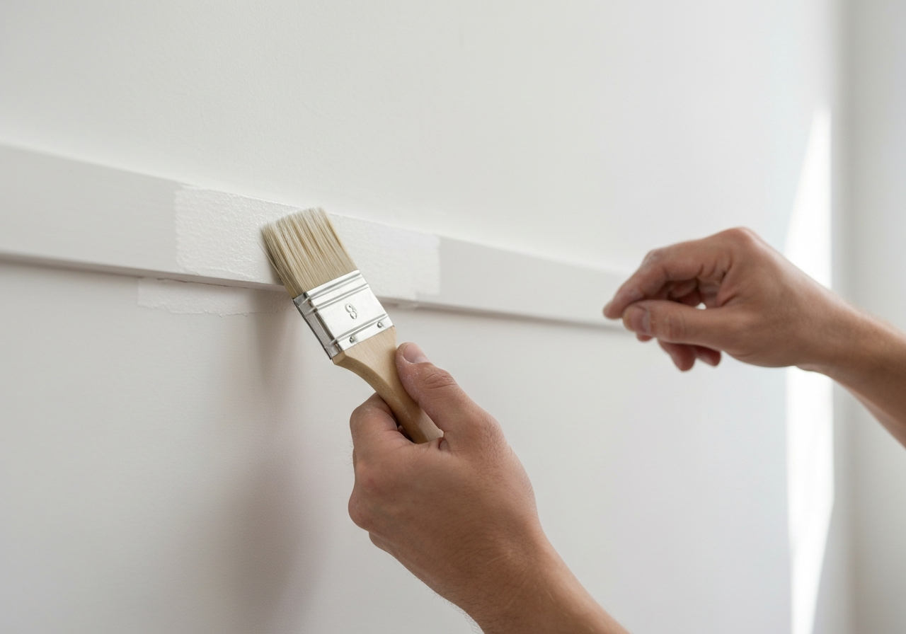Painter cutting in a sharp clean edge along a skirting board
