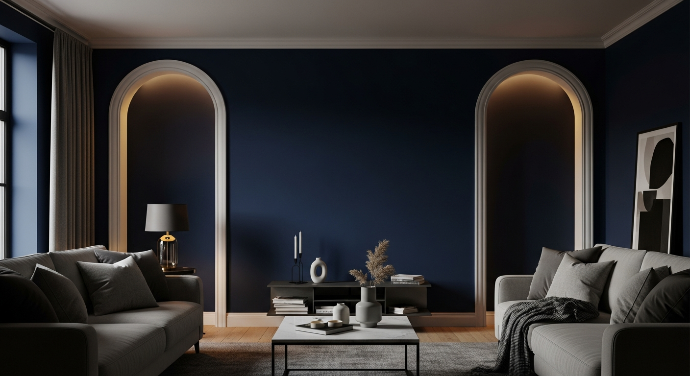 Dramatic navy blue feature wall in a beautifully styled living room