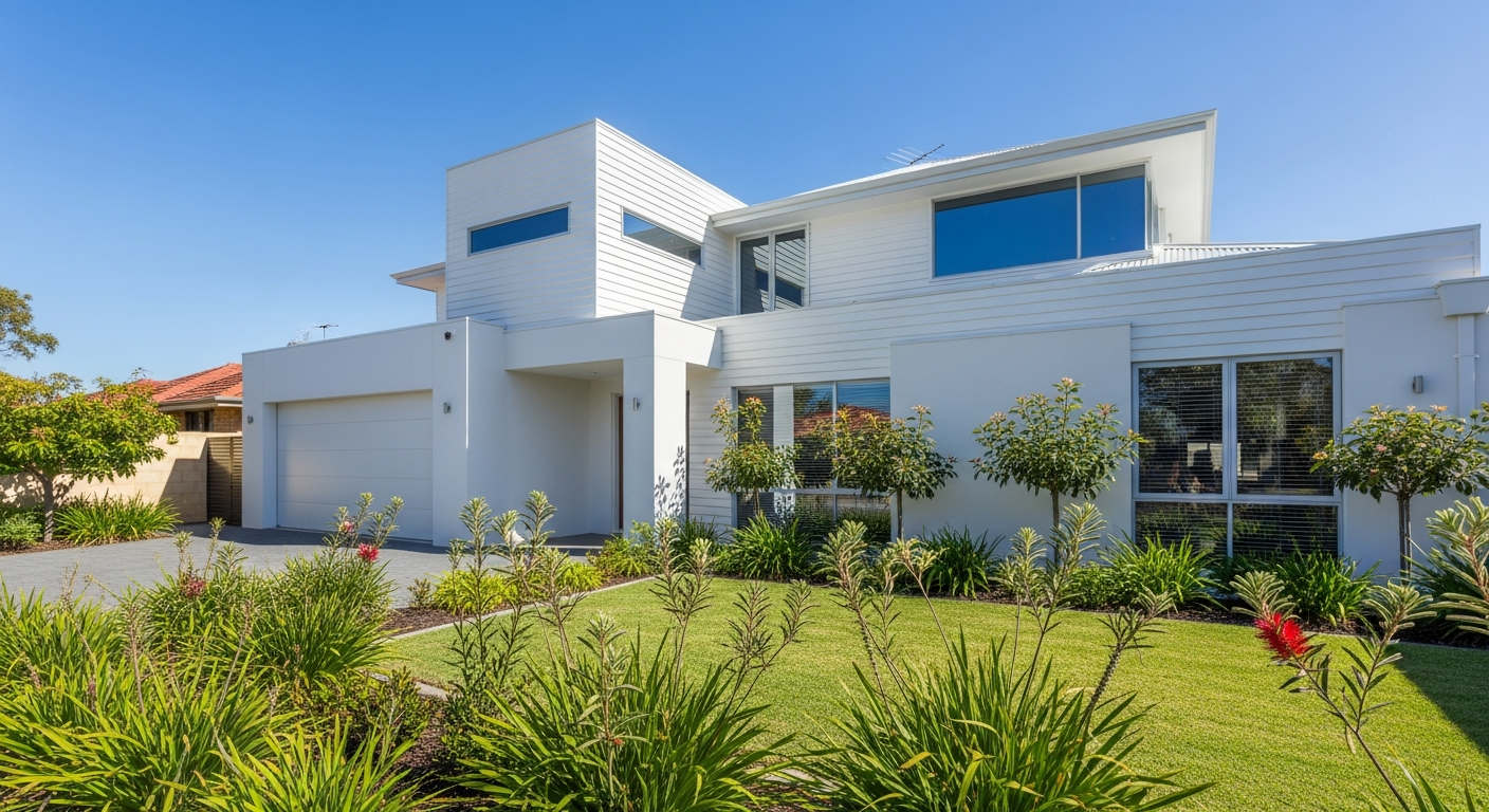 Freshly painted Perth home exterior with crisp white weatherboards and blue sky