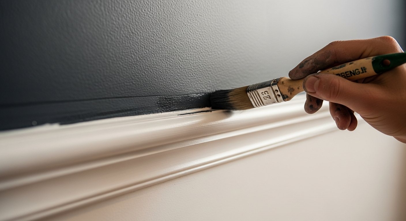 Painter carefully cutting in along skirting board showing precision craftsmanship