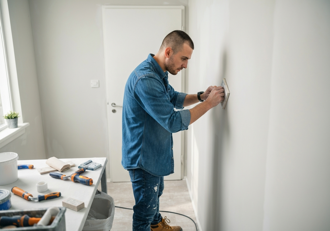Painter carefully patching and sanding a wall