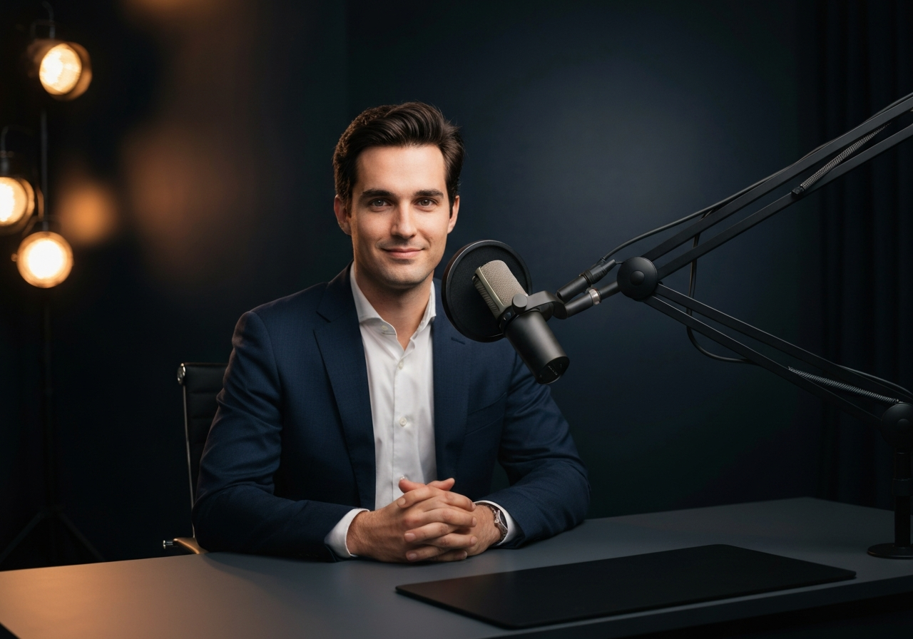 Professional podcast guest in a modern recording studio