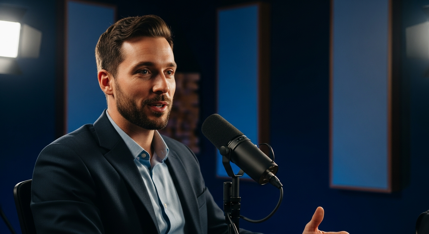 Podcast host speaking into a microphone in a professional studio