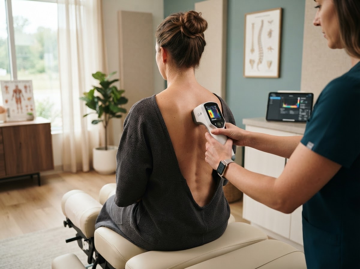 Handheld INSiGHT scanning sensor used during a chiropractic nervous system assessment