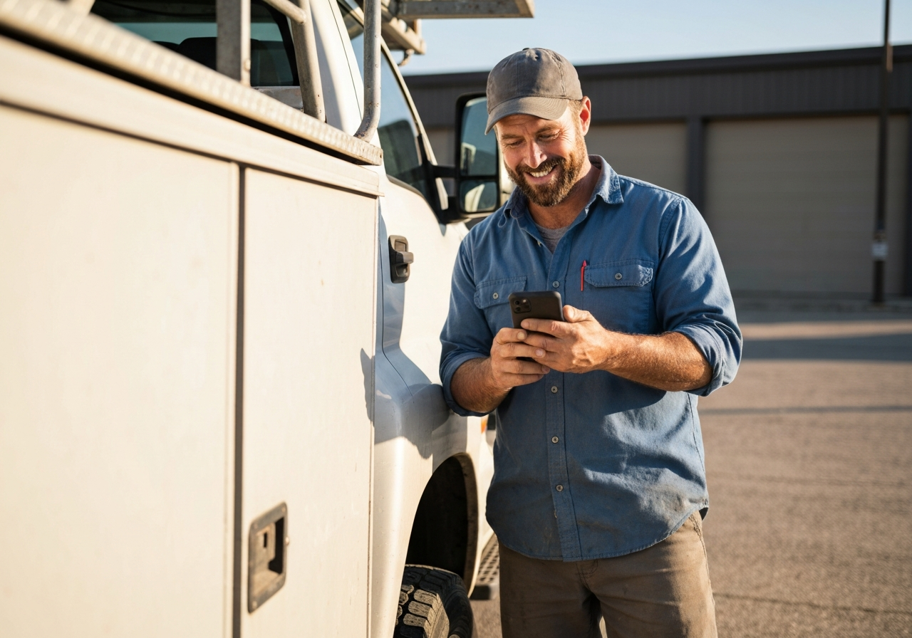 Happy contractor getting lead notifications on his phone at a job site