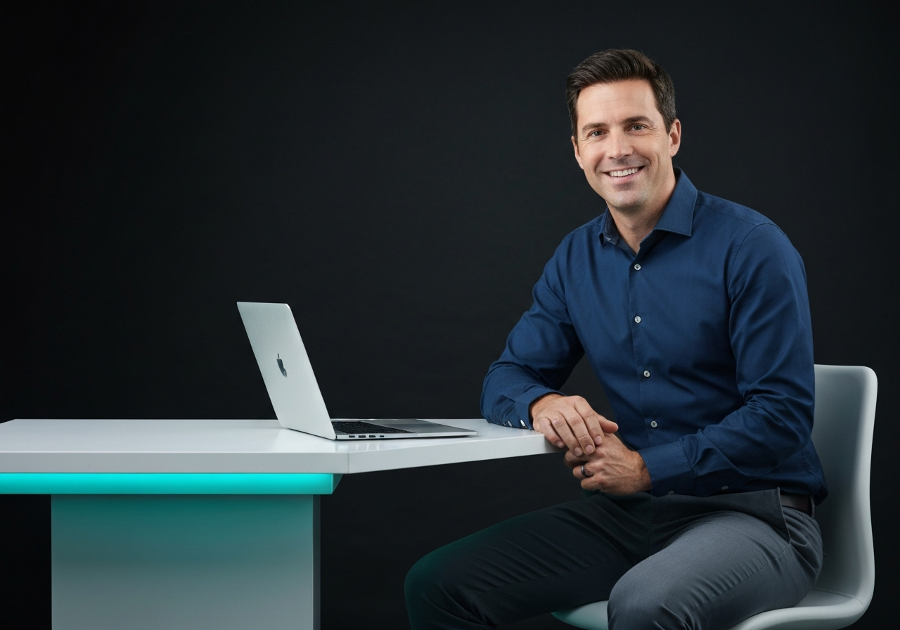 Confident business professional working from laptop with automated lead system