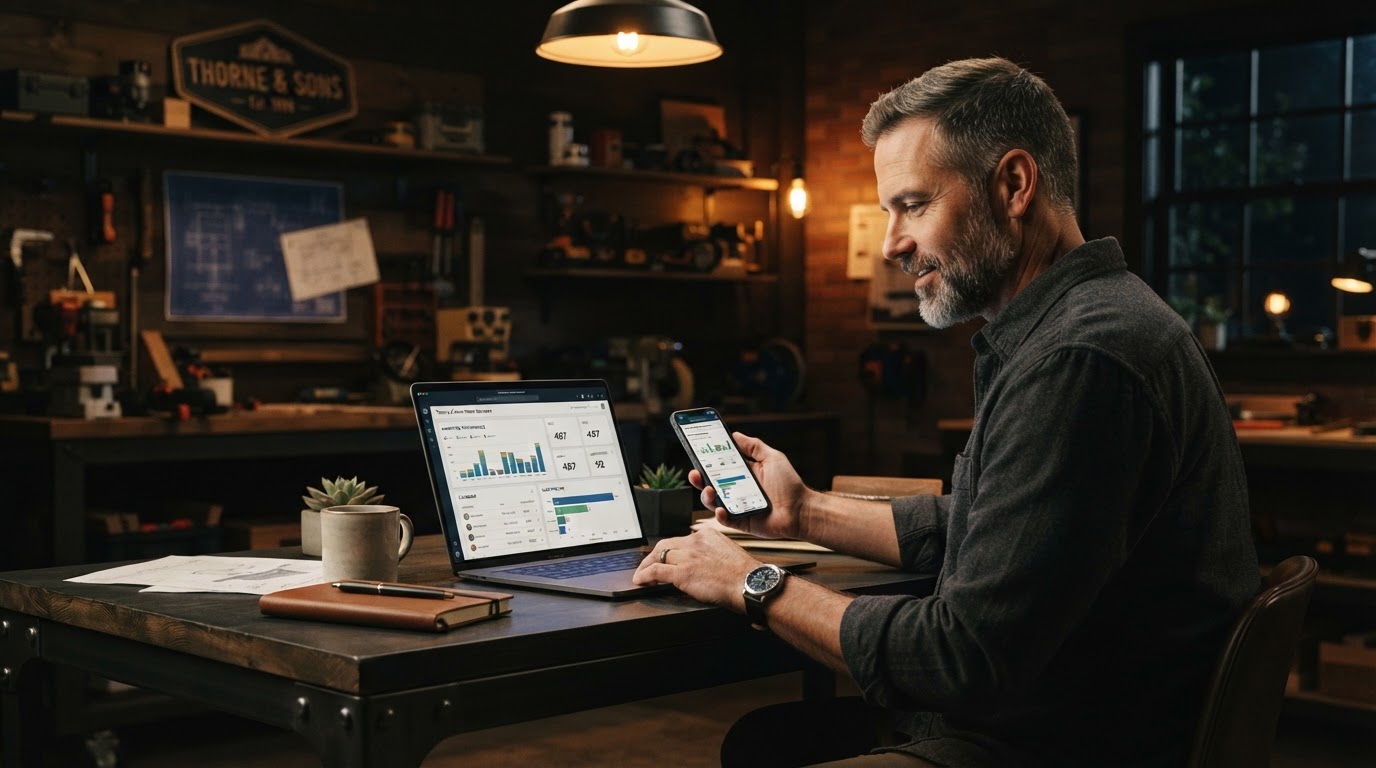 Established service business owner reviewing leads, appointments and marketing performance on a laptop