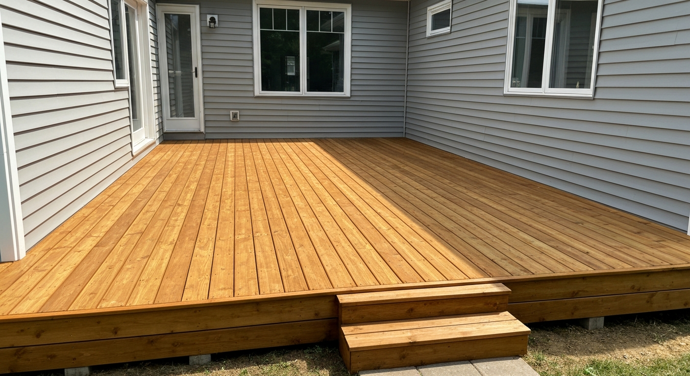 Freshly stained treated wood deck