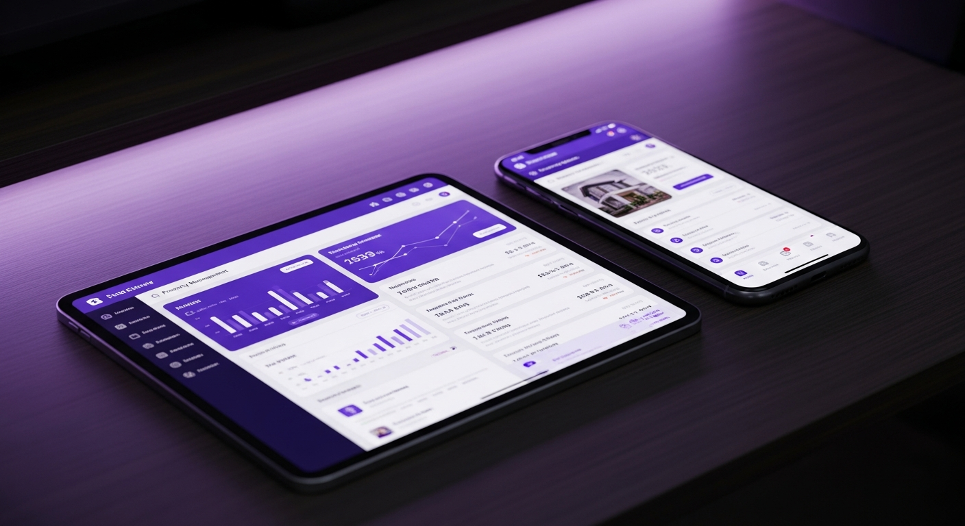 DigitalNur property management dashboard shown on tablet and mobile, side by side on a sleek office desk