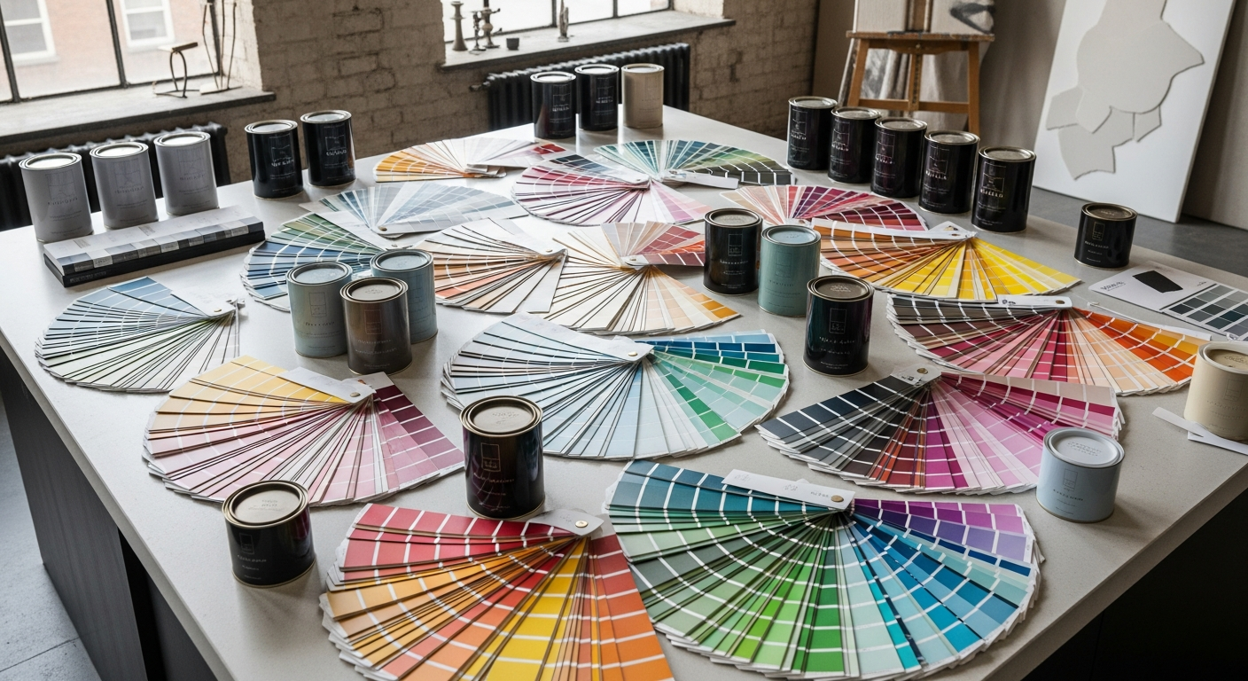 Premium paint color swatches and luxury paint materials in a studio