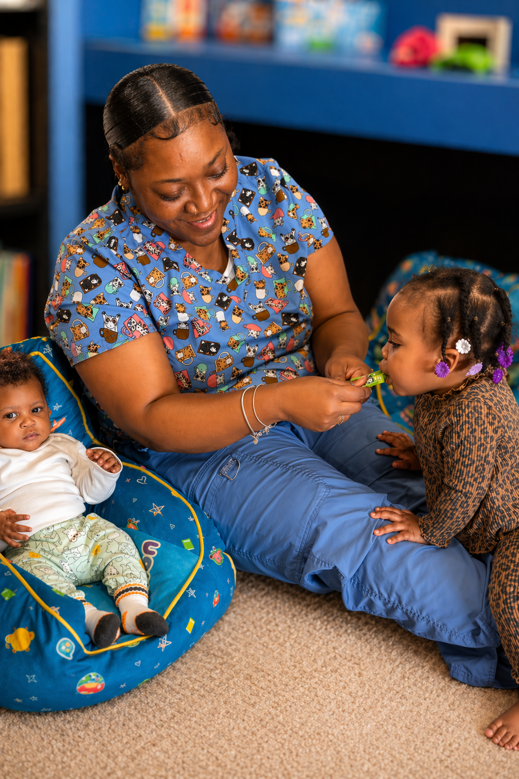 African-American teacher caring for a child at Lizzie's Learning Academy