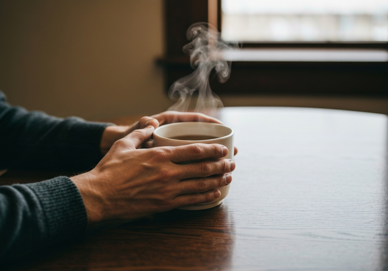 Hands around a ceramic mug