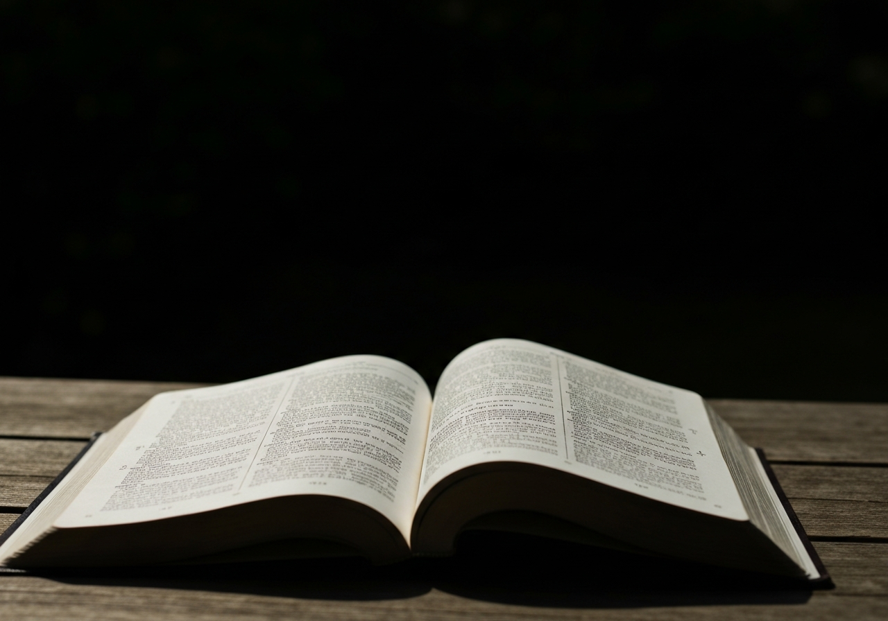 Open Bible resting on an oak table in morning light