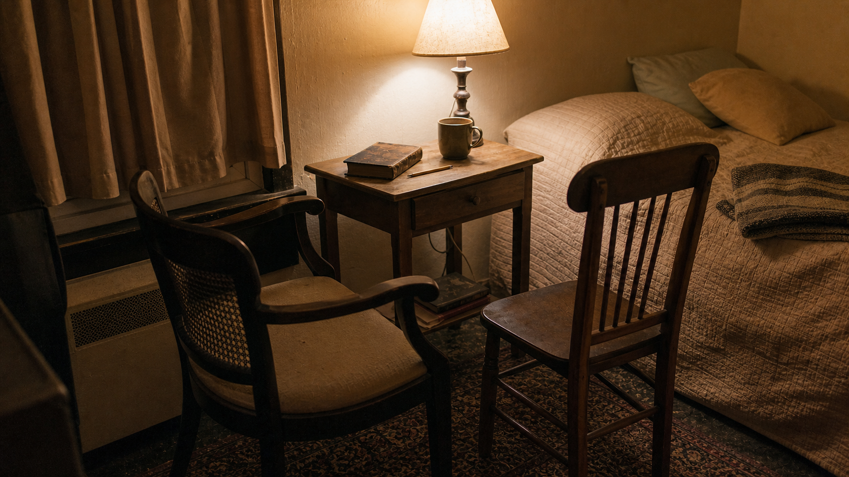 A quiet room with two chairs, a small desk, and a lamp in warm light.