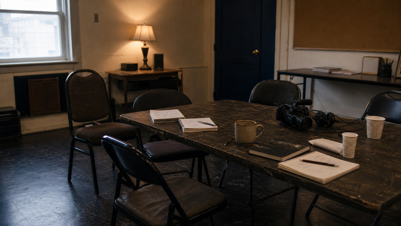 A modest room with a camera, notebooks, mugs, and empty chairs after a film workshop.