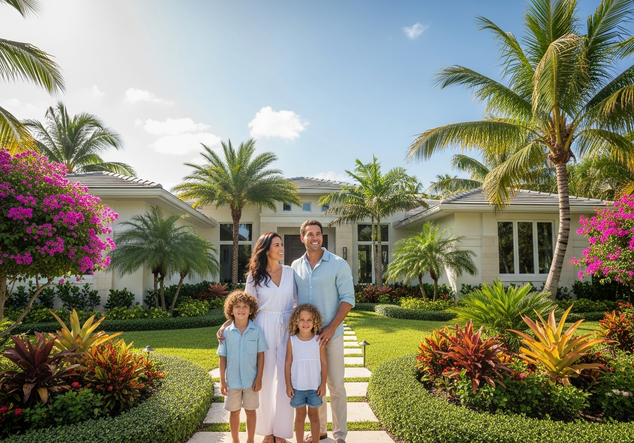 Miami home with beautiful landscaping and happy family