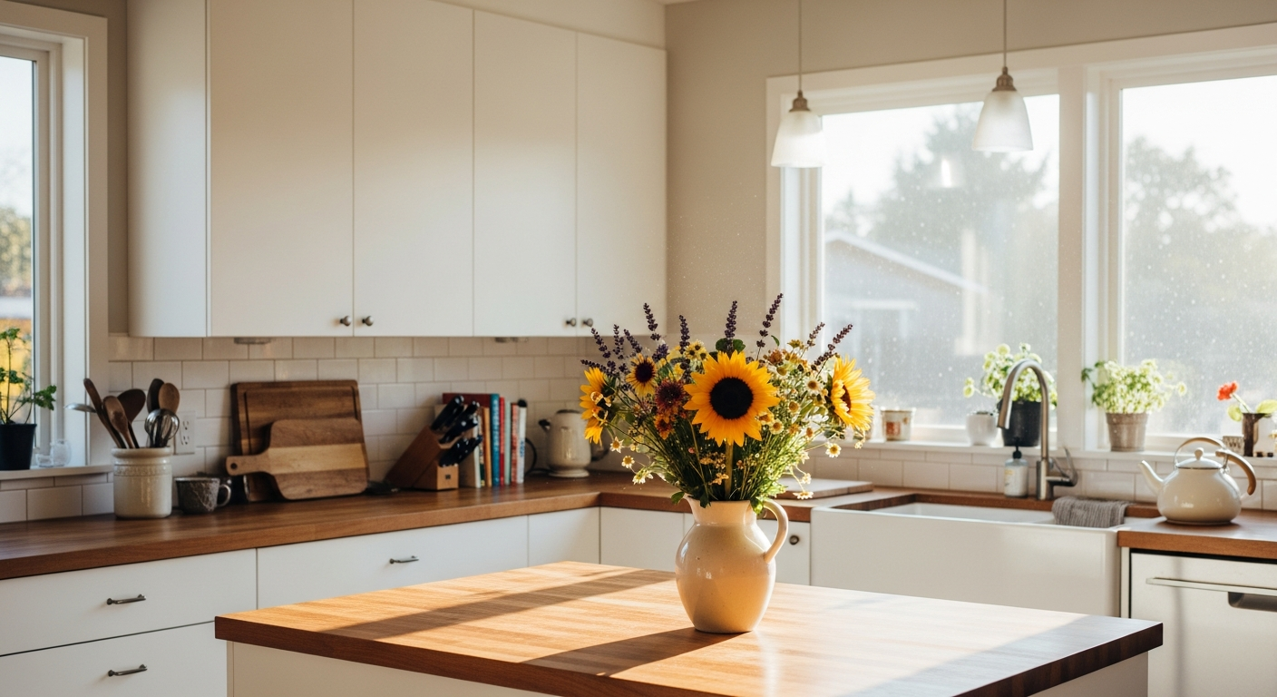 Warm, bright kitchen interior — a lived-in family home ready for a professional clean