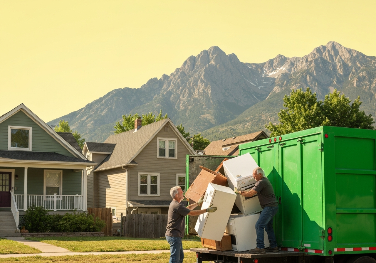 Green Earth junk removal team loading a truck in Denver neighborhood