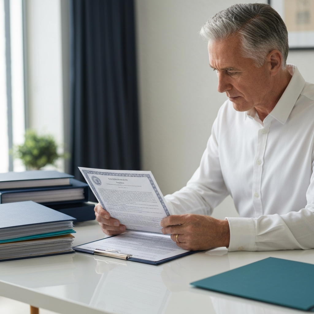 Family representative reviewing estate-related and property-related documents at a desk.