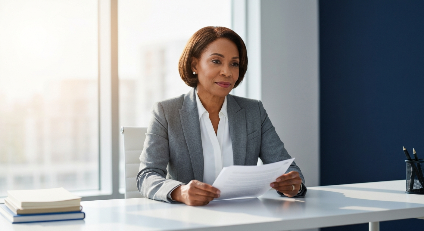 A person looking at an official notice or document with a thoughtful and uncertain expression