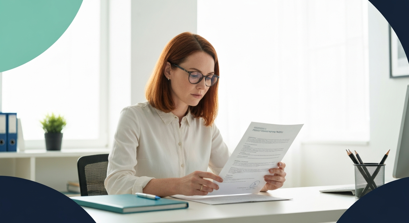 A cautious former homeowner or family representative reviewing property-related documents at a desk
