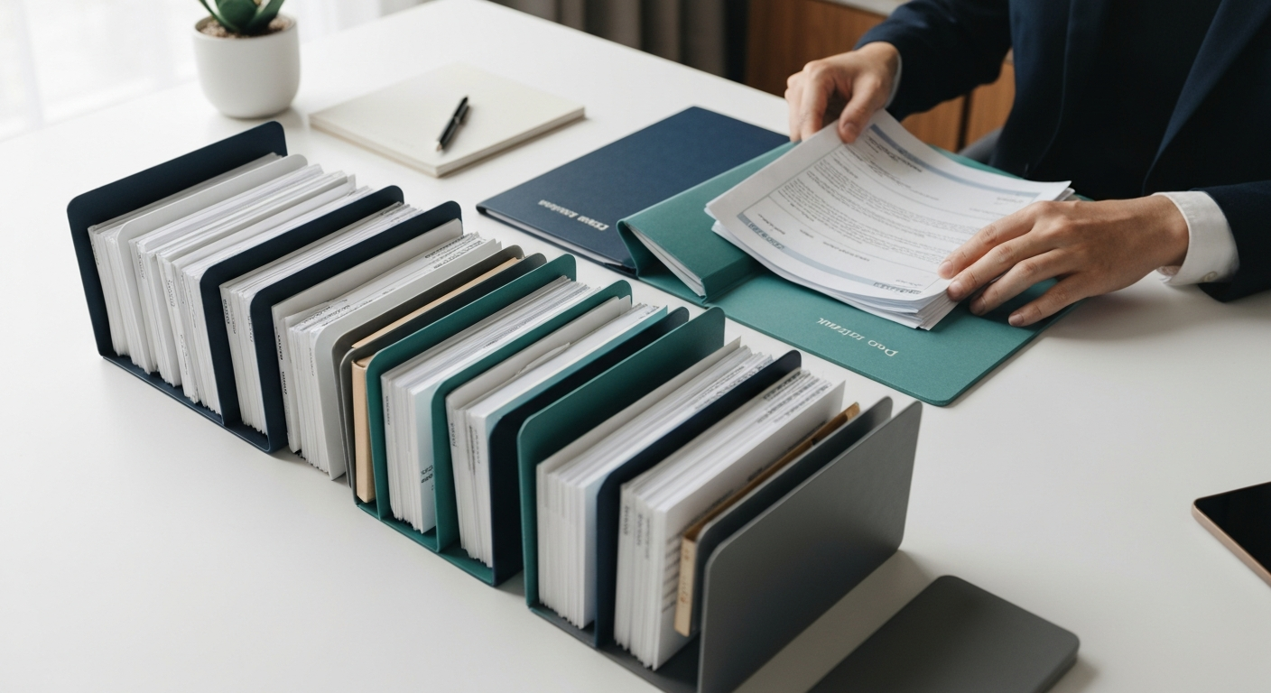 Organized files and documents being compared to show different paperwork needs for different claim situations.