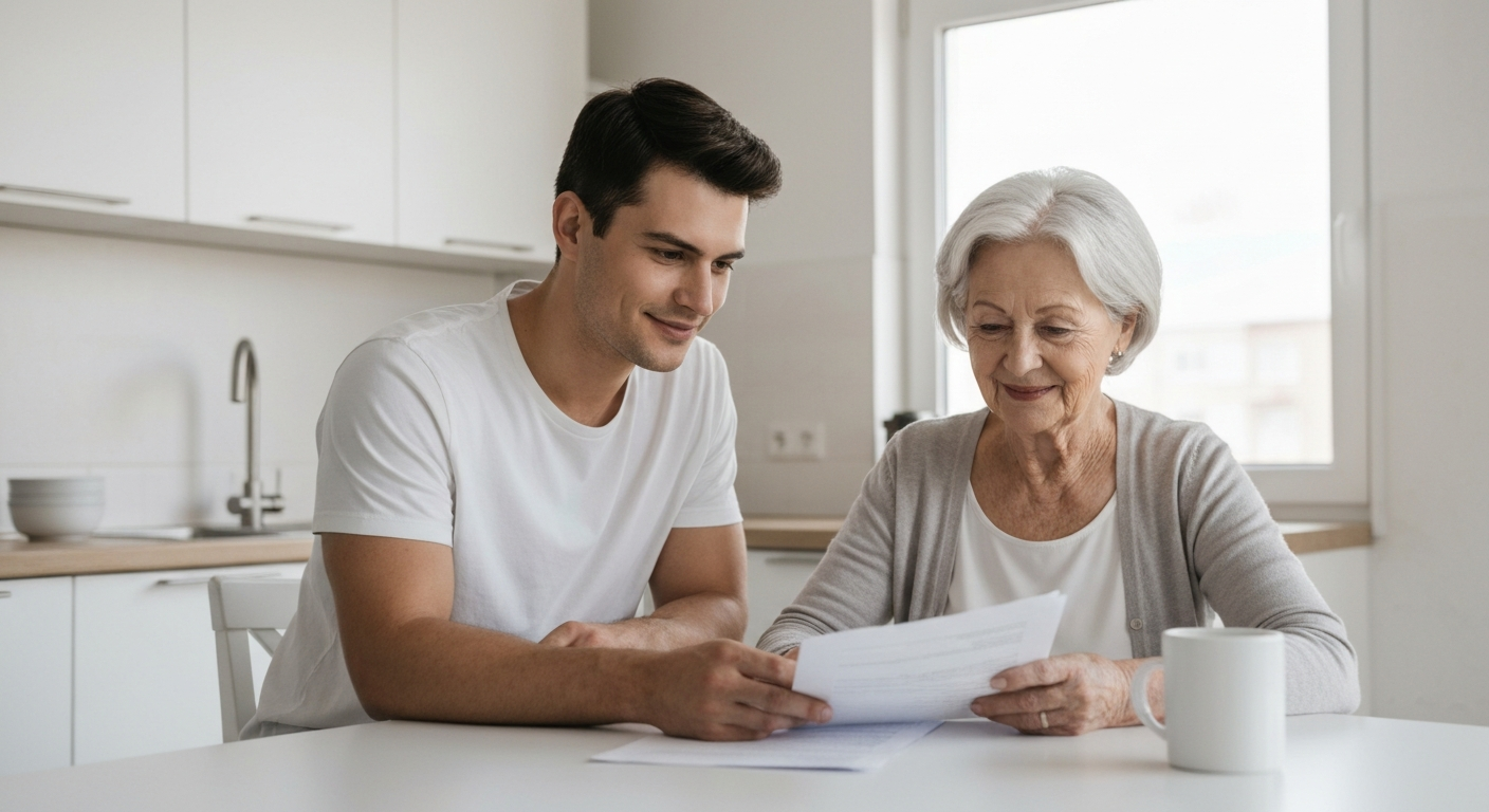 An adult child carefully reviewing estate paperwork at a desk