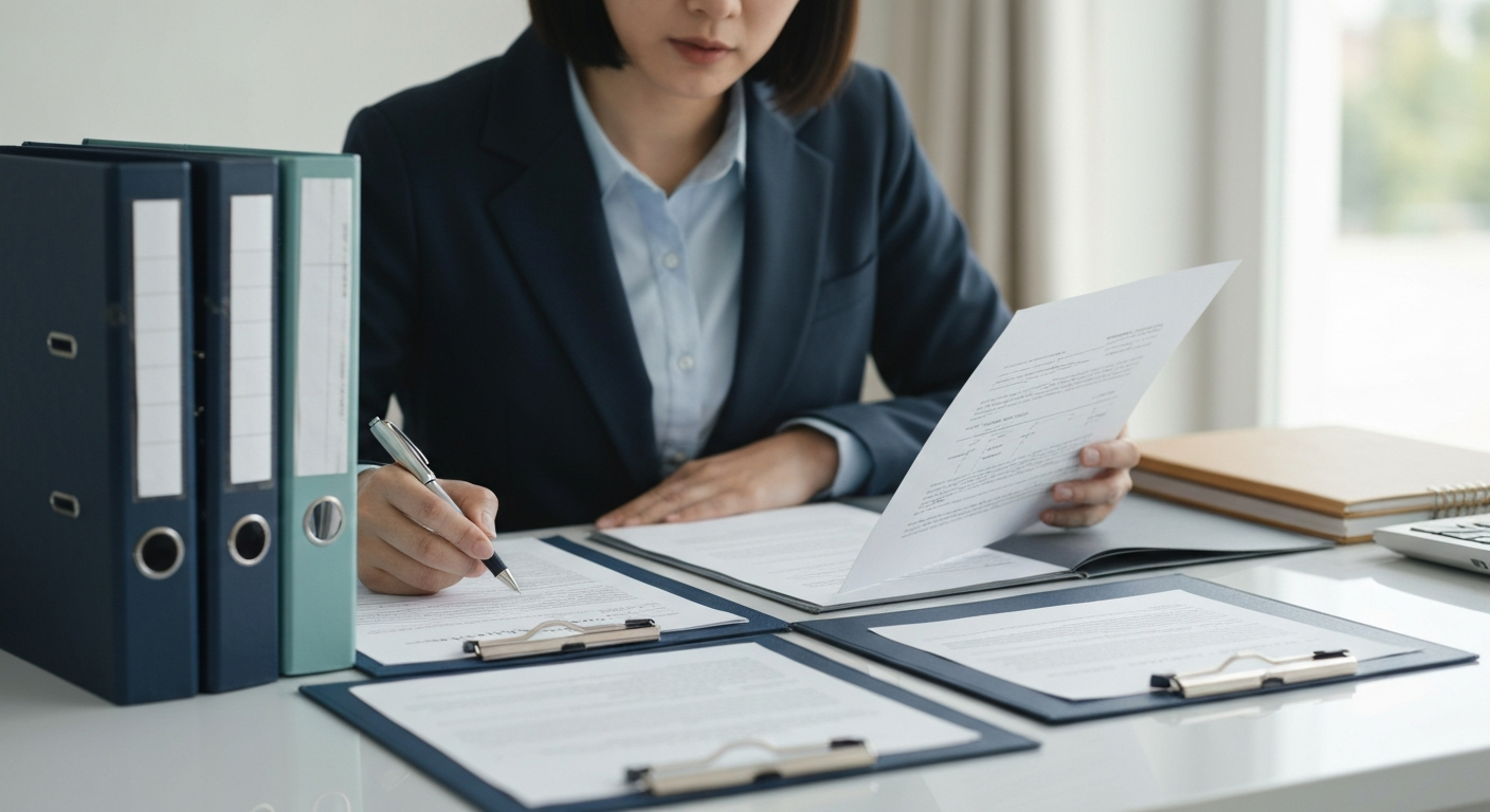 A cautious homeowner or heir reviewing organized property-related documents at a desk