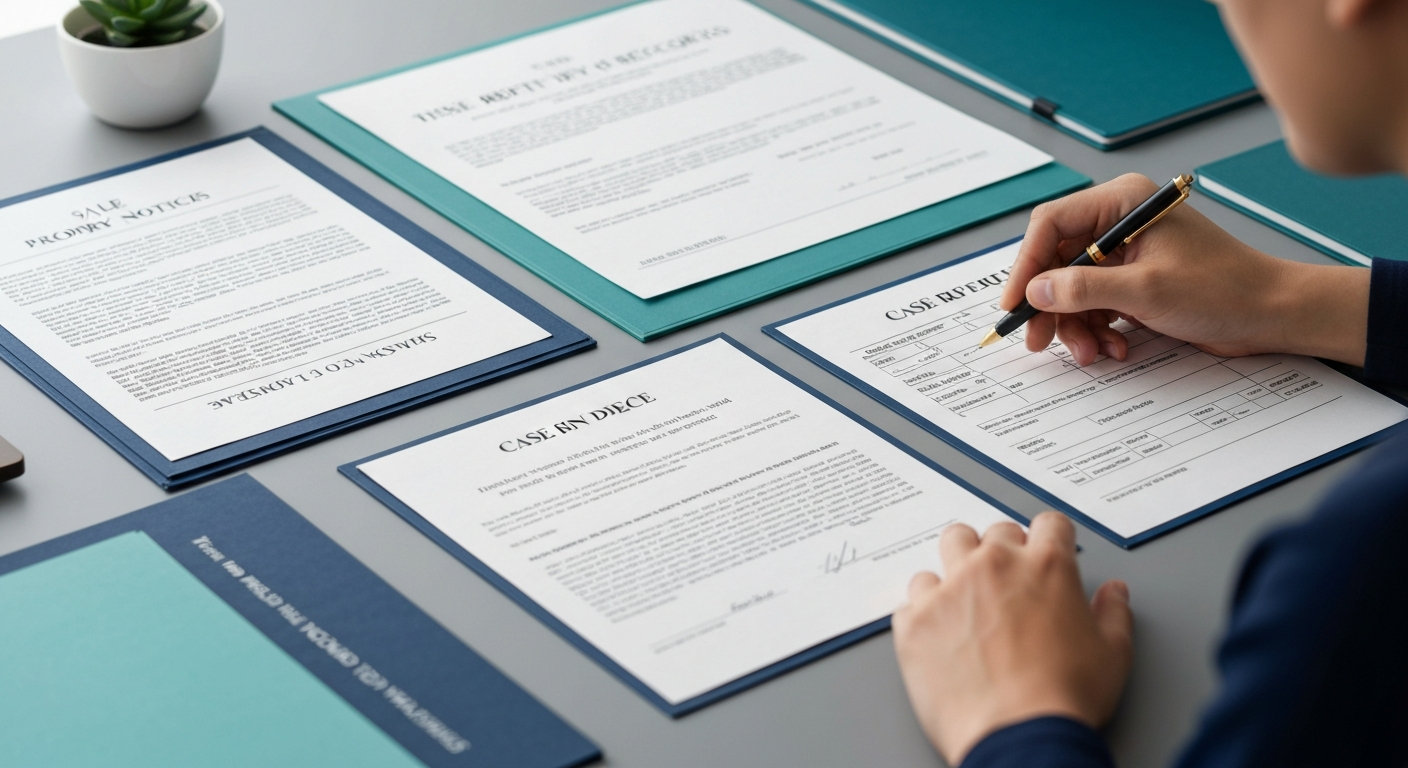 Property and sale-related records laid out for review on a desk.