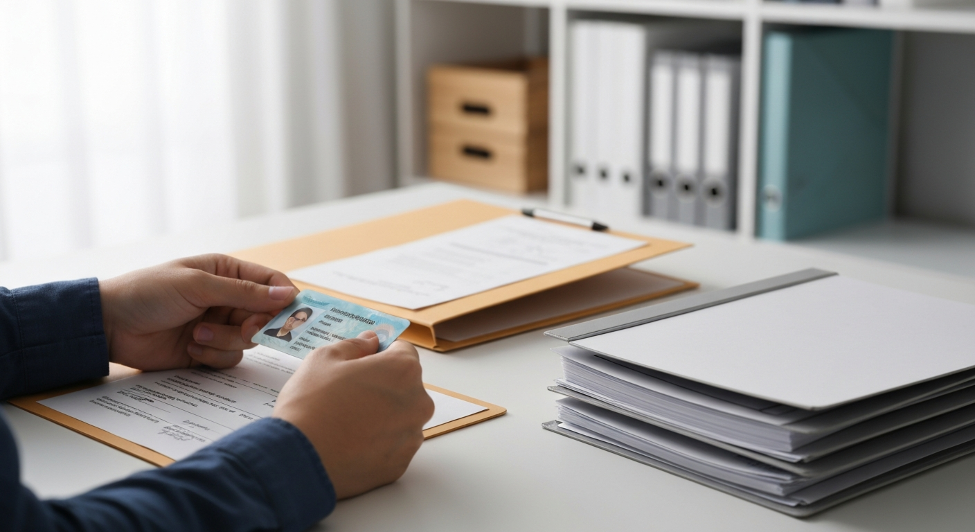 Person reviewing identification documents next to a property-related file.