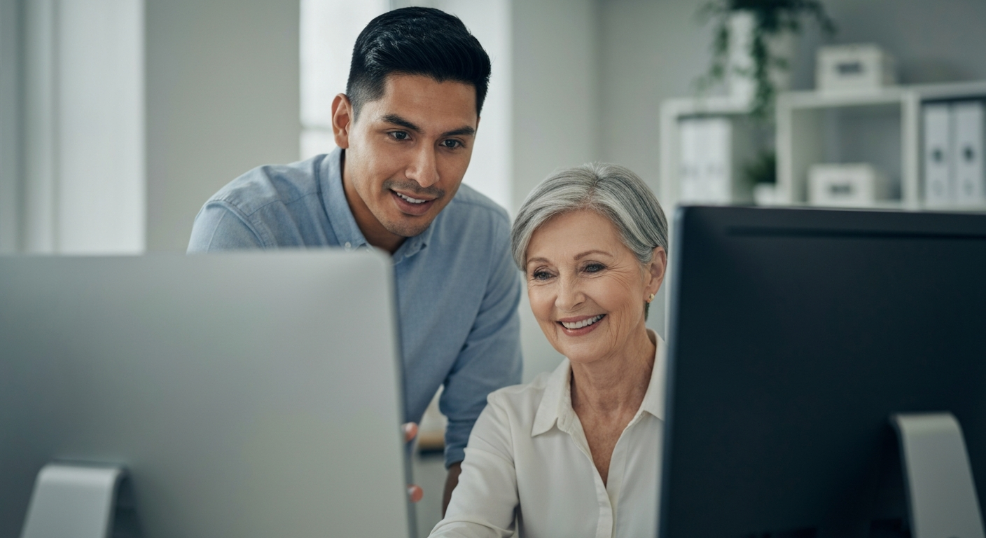 Two people reviewing documents together in a calm and reassuring setting, representing clear guidance for surplus funds claimants