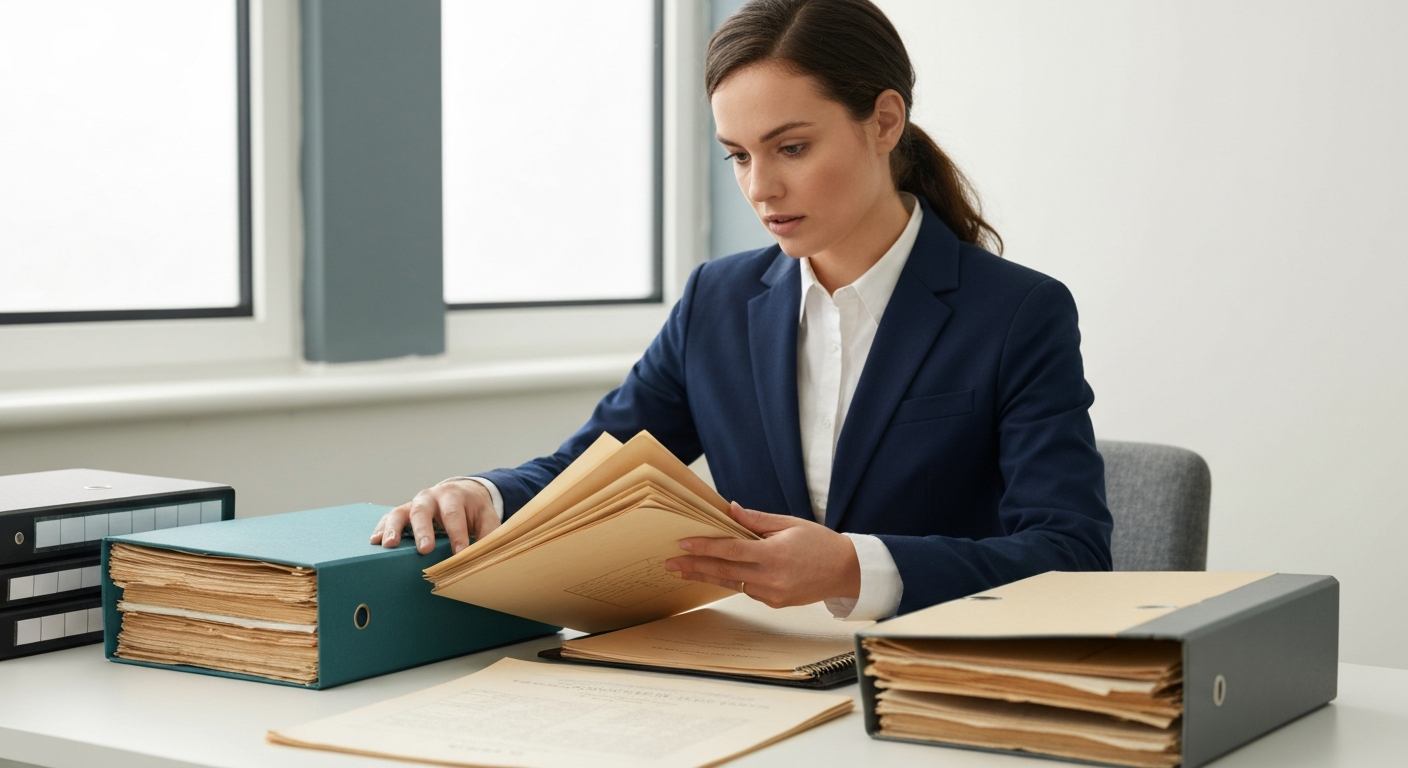 Person reviewing older property records and archived documents in an organized workspace.