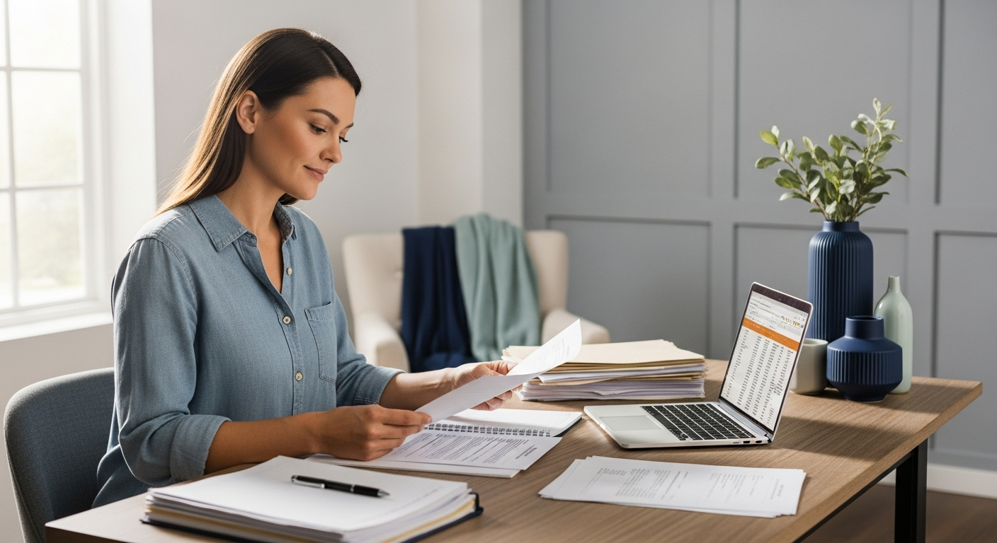 A homeowner reviewing property-related documents at a desk, representing the process of understanding surplus funds