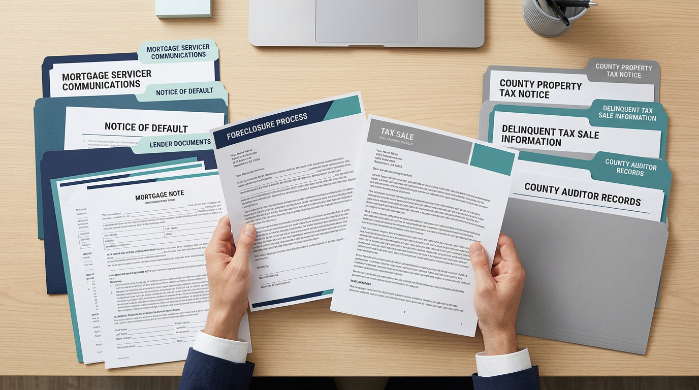 Side-by-side comparison of foreclosure-related and tax-sale-related property documents.