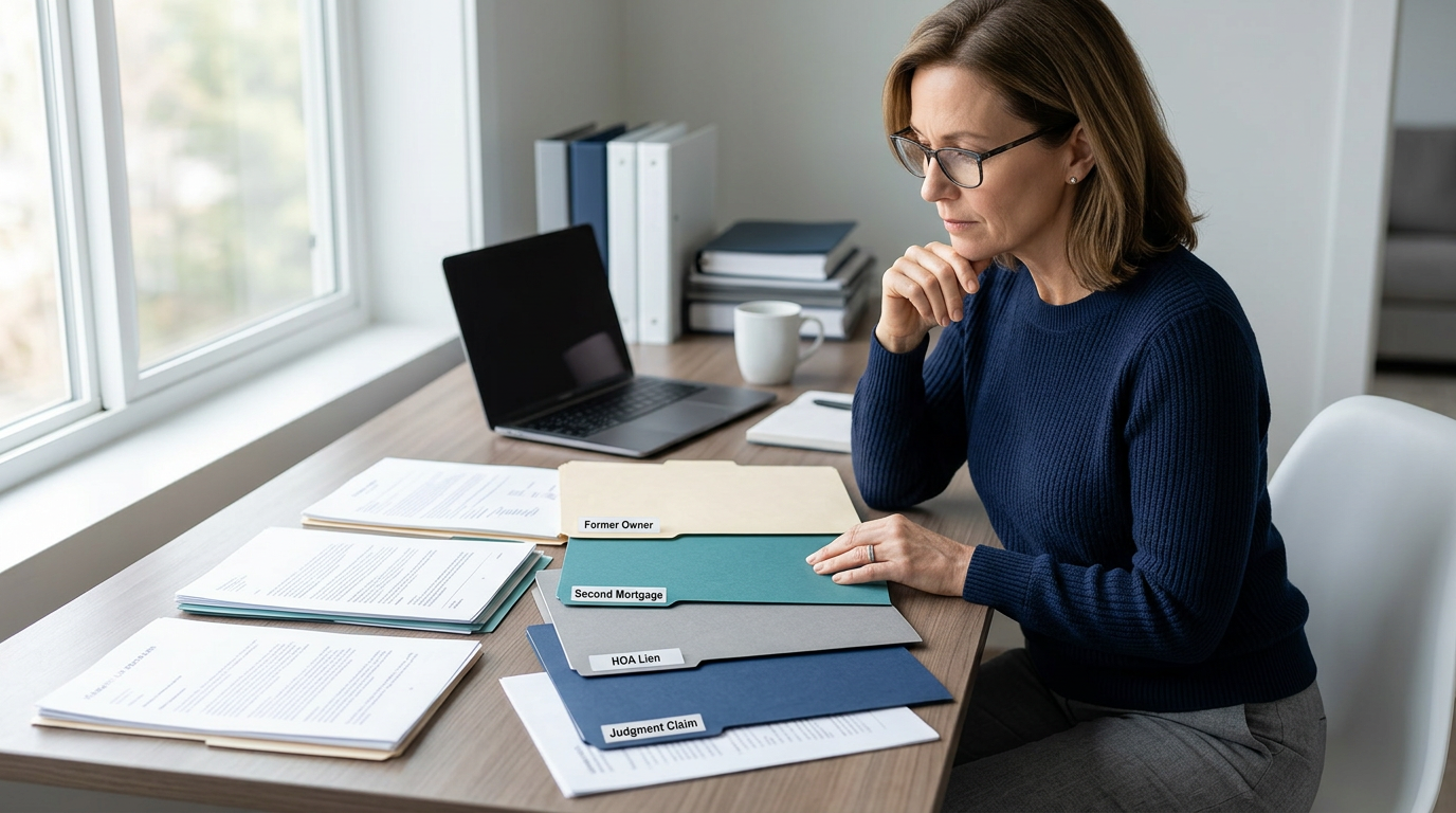 Person reviewing a hierarchy of foreclosure-related documents to understand claim priority for surplus funds.