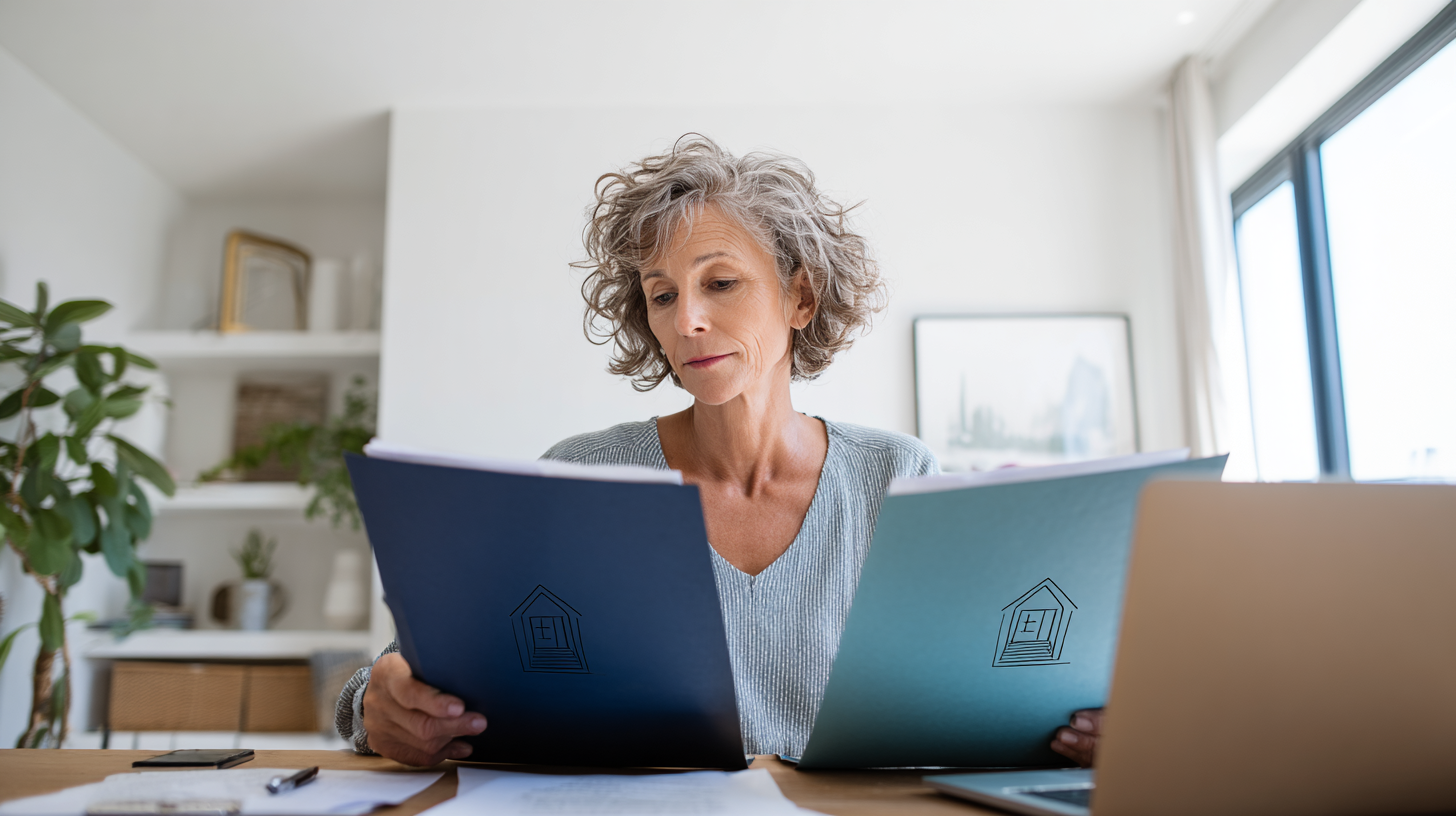 Person comparing foreclosure-related and tax-sale-related property documents at a desk.