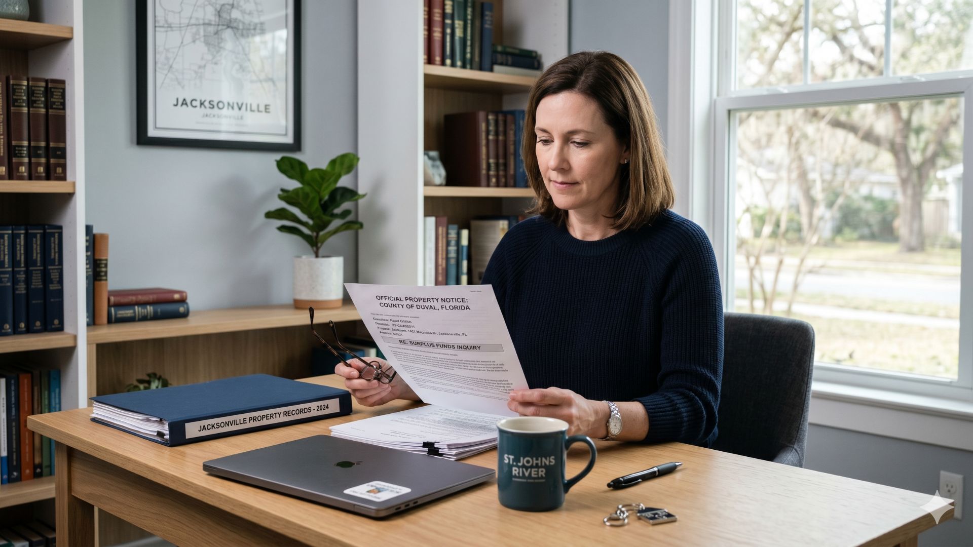 Person reviewing a property-related notice at a desk while checking whether surplus funds may exist