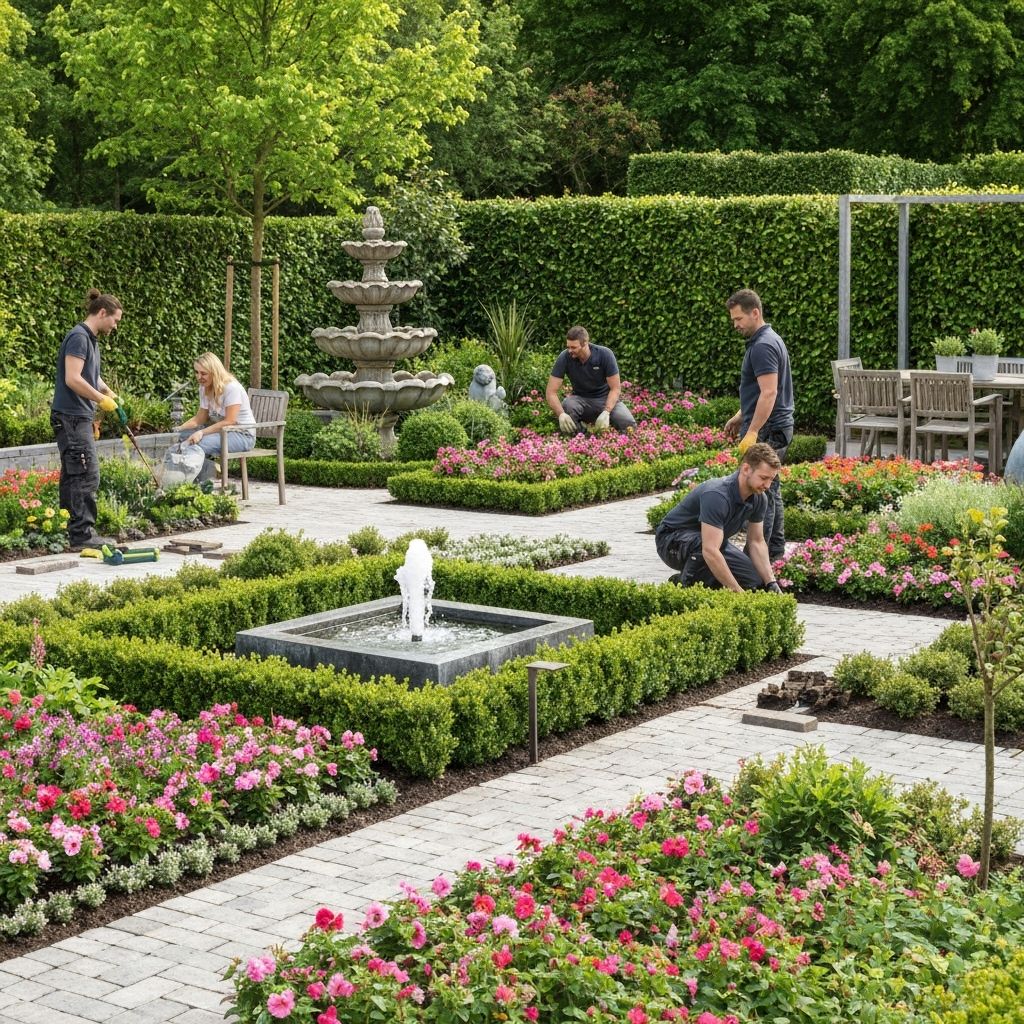 Professional landscaping team working on a garden