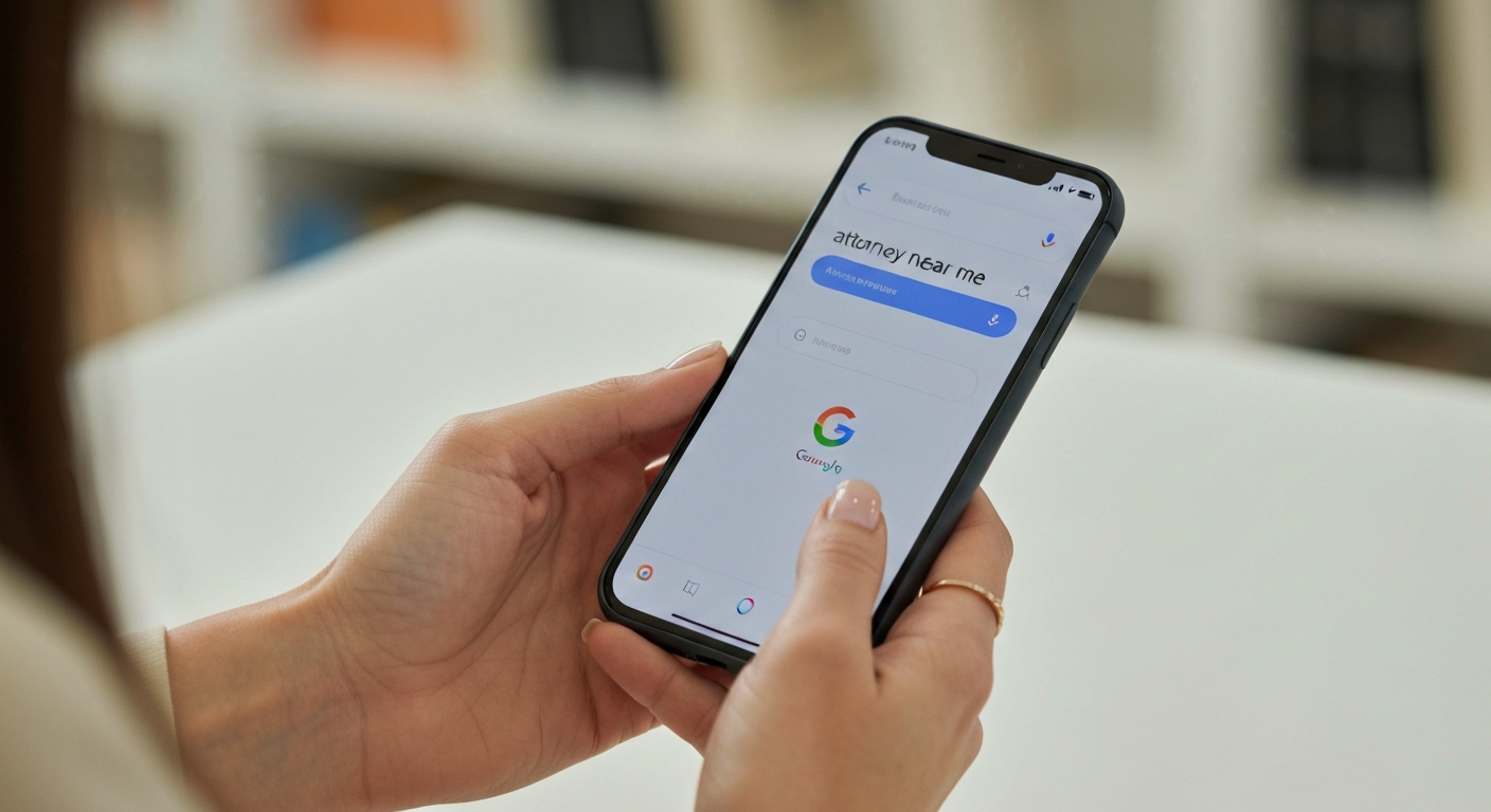 Someone searching attorney near me on a smartphone