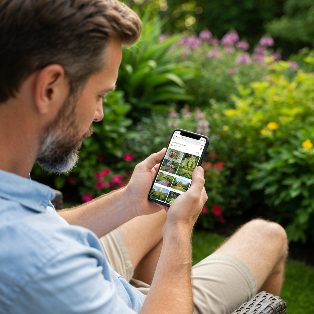 Homeowner scrolling through landscaping websites on a phone