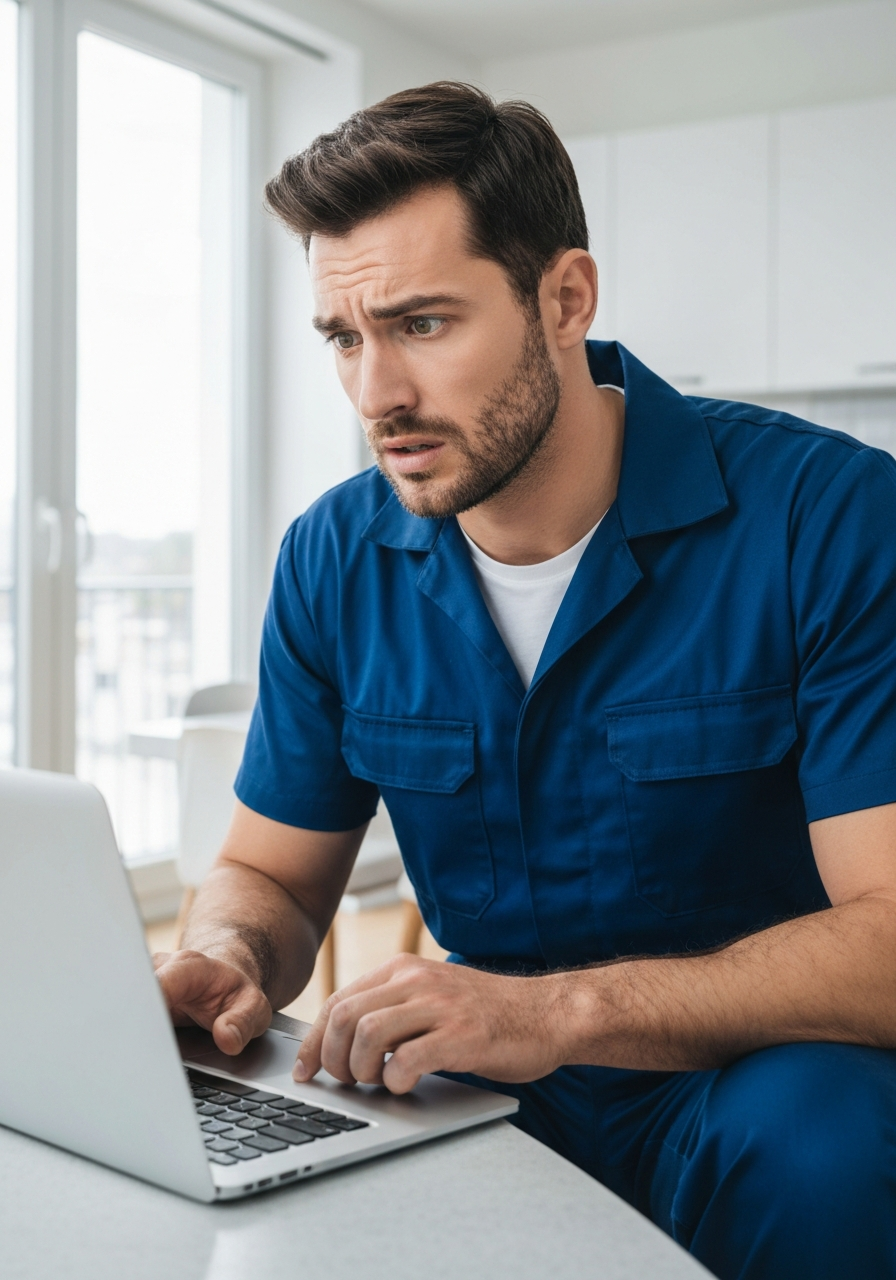 Frustrated plumber at laptop