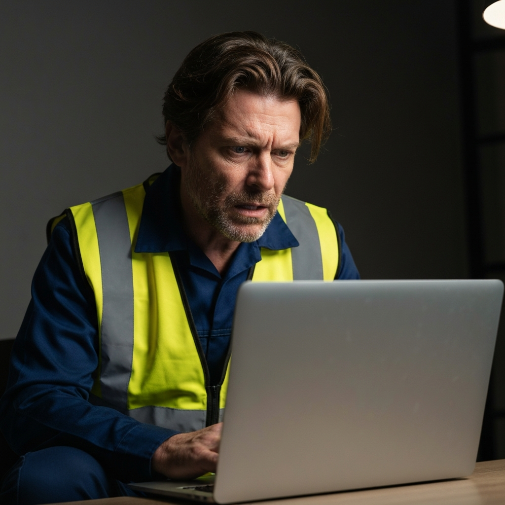Worried electrician on his laptop