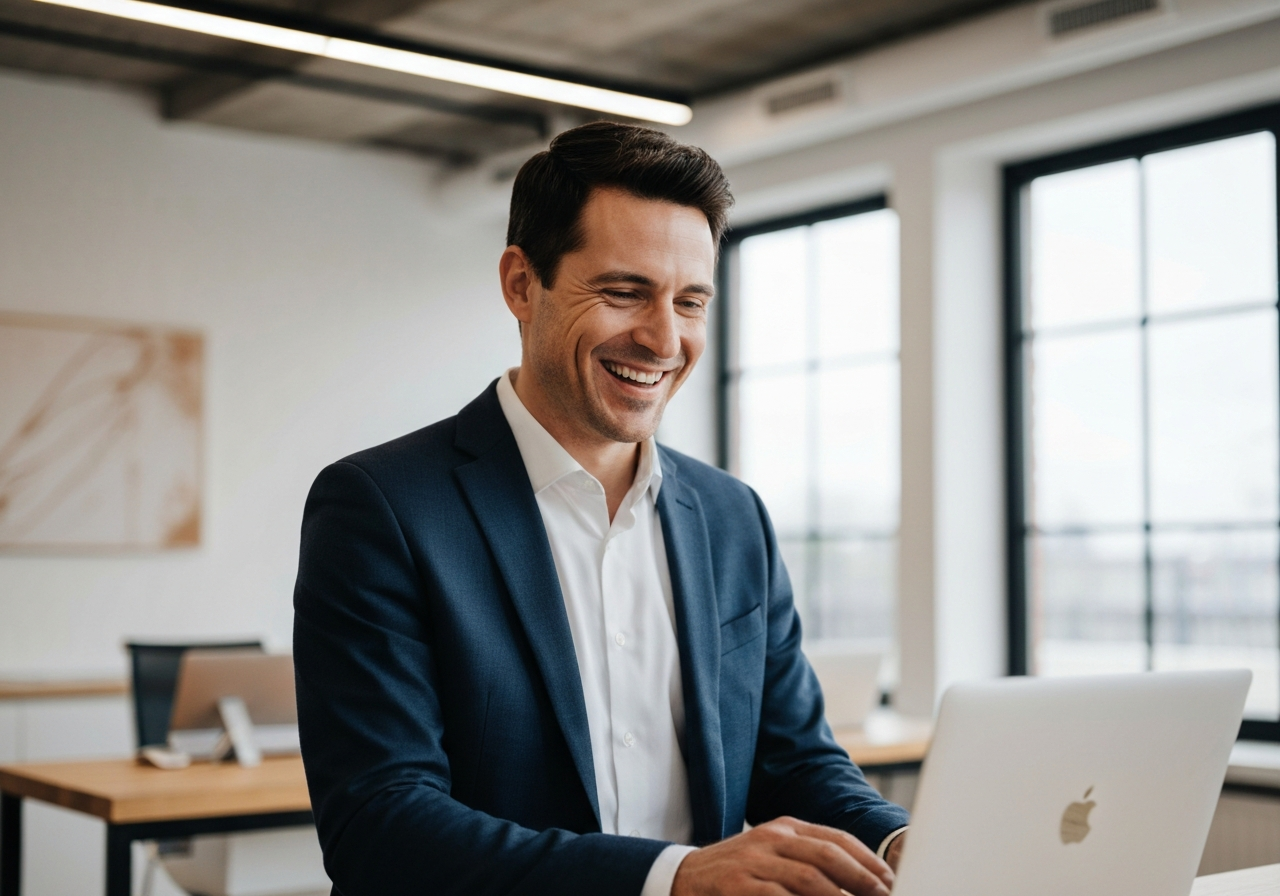 American business owner working at a laptop in a modern office
