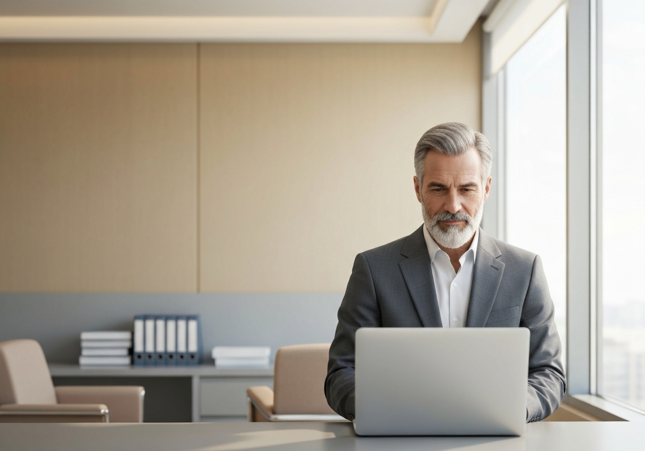Confident business professional at a laptop in a modern office