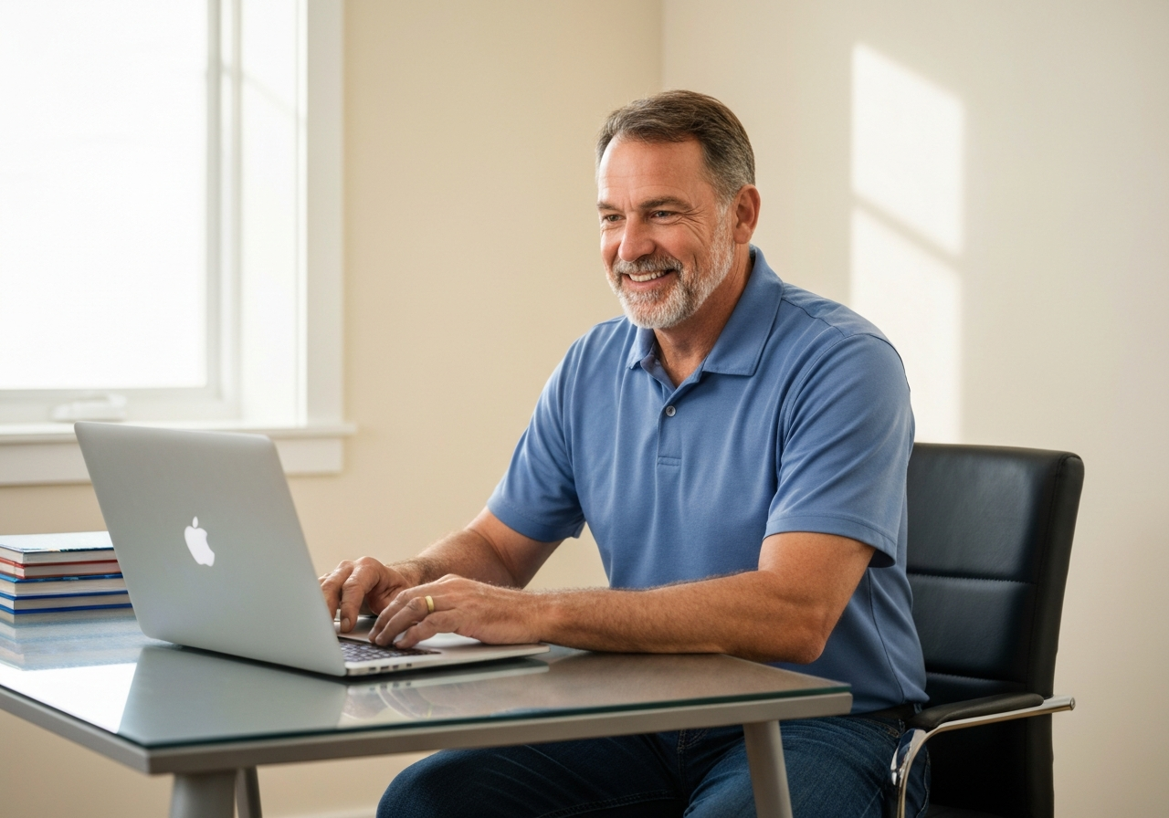 American small business owner working at a computer