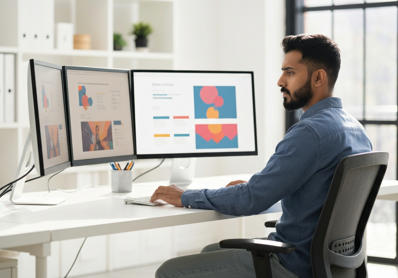 Professional marketing designer at dual monitors