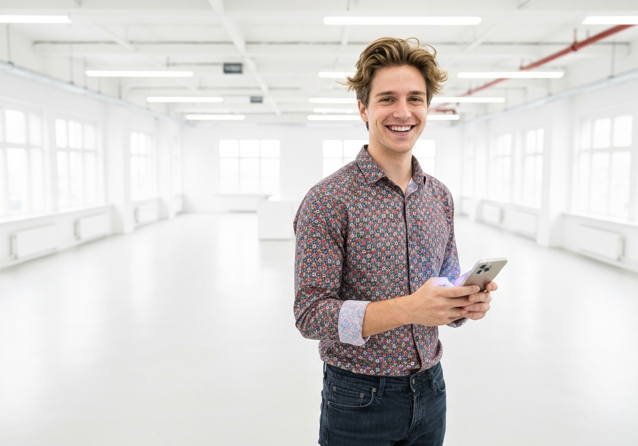 Young American entrepreneur with smartphone in a modern office
