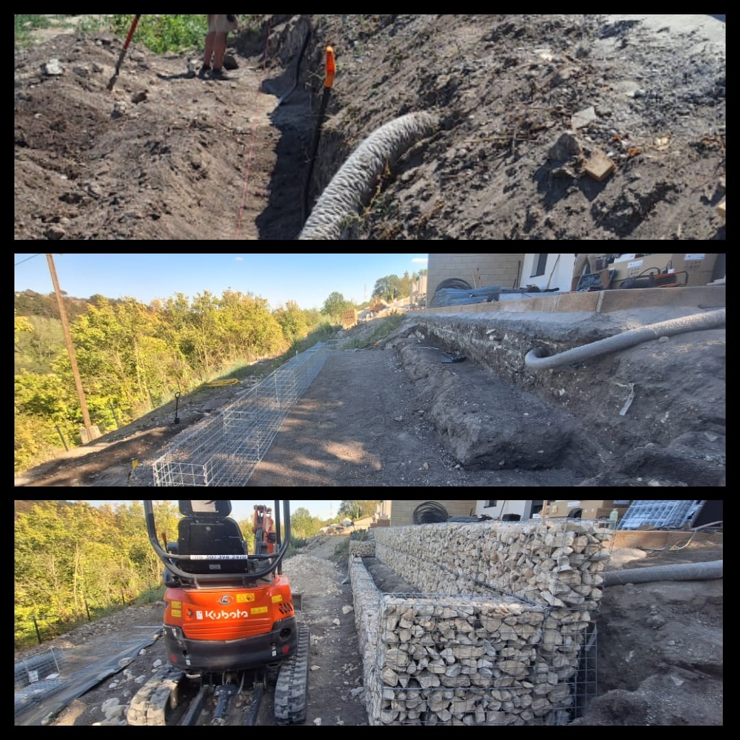 Gabion támfal építés fázisai és gépi földmunka rézsűs kertben